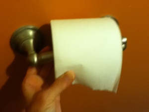 Put a new roll of toilet paper on the rod.  Insert one end of the rod back into the assembly on the wall.